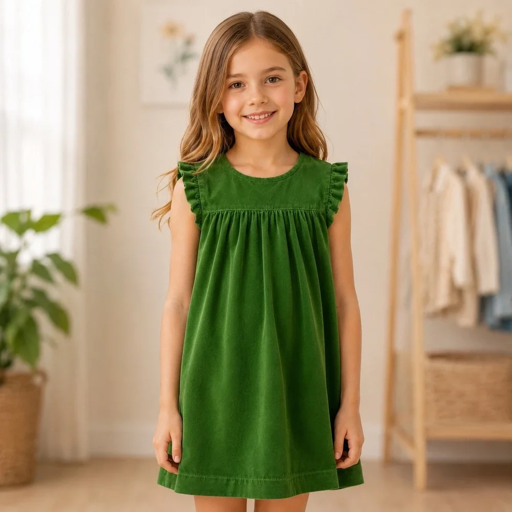 Mini Boden Girls Green Corduroy Dress 8-9Y Floral Lined Pockets Fall Cottagecore